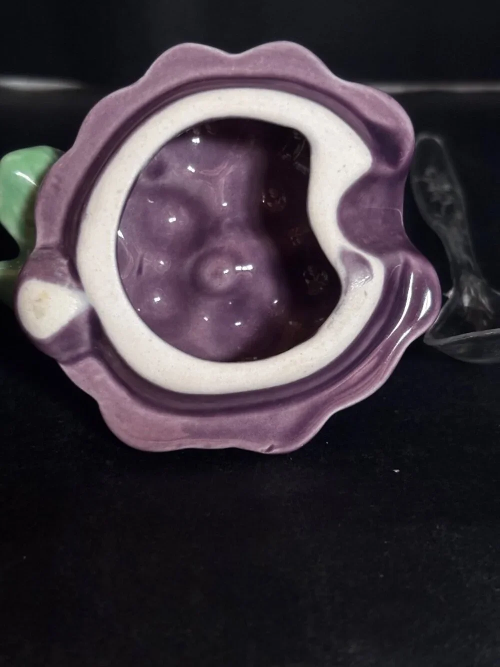 Ceramic Purple Grape Jam Sugar Jar With Lid Spoon Green Leaf Accent Vintage 80s